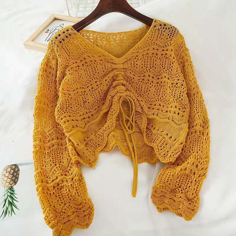 Women knit top with trendy lace pattern and adjustable drawstring Lune London