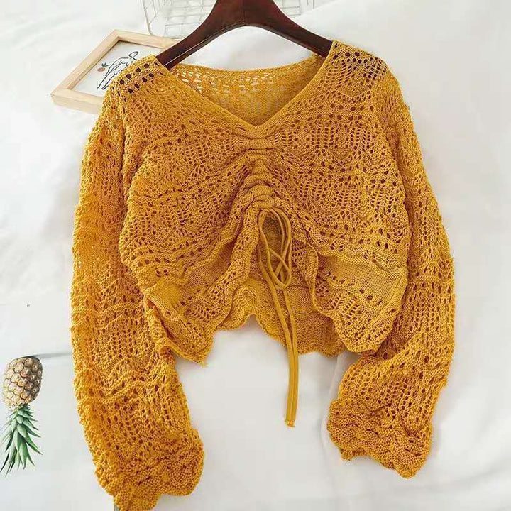 Women knit top with trendy lace pattern and adjustable drawstring Lune London