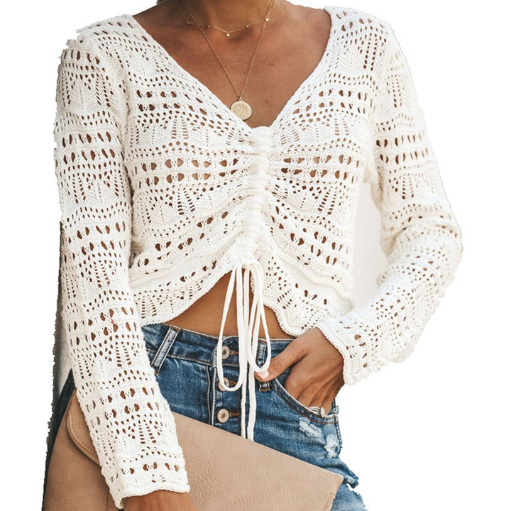Women knit top with trendy lace pattern and adjustable drawstring Lune London