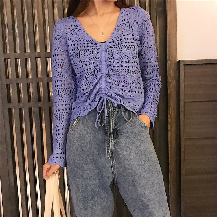 Women knit top with trendy lace pattern and adjustable drawstring Lune London