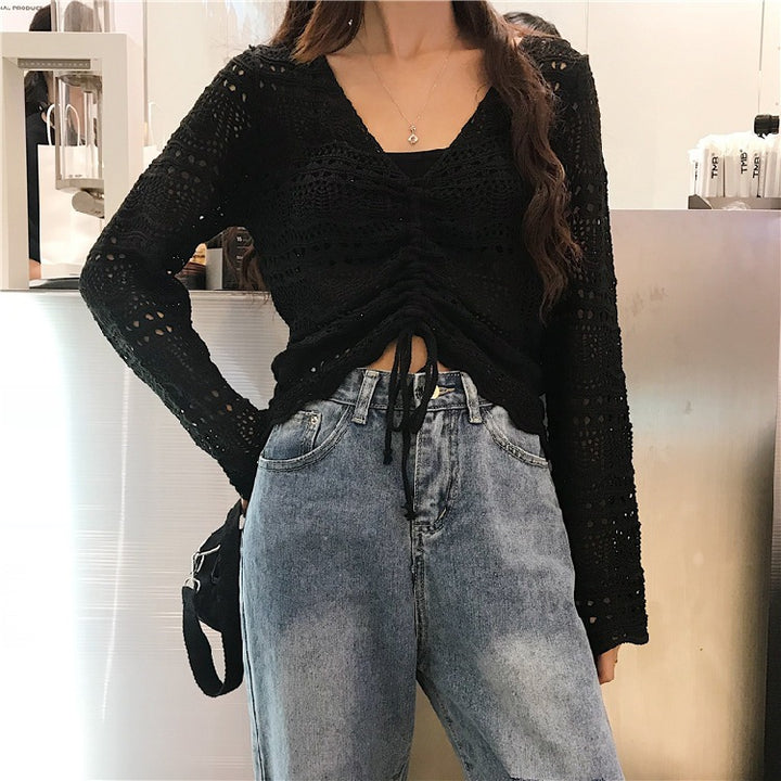 Top en maille pour femmes avec motif en crochet transparent et fermeture à nouer pratique Chic & Stil