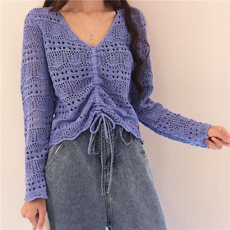 Top en maille pour femmes avec motif en crochet transparent et fermeture à nouer pratique Chic & Stil