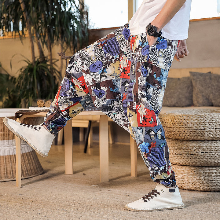 Casual Harem Pants for men with colorful artistic pattern and elastic waist Lune London