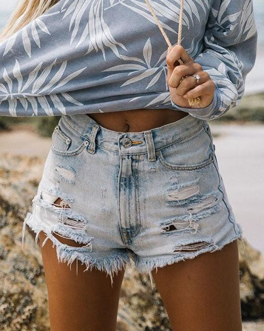 Women's Destroyed Denim Shorts in Casual Style Lune London