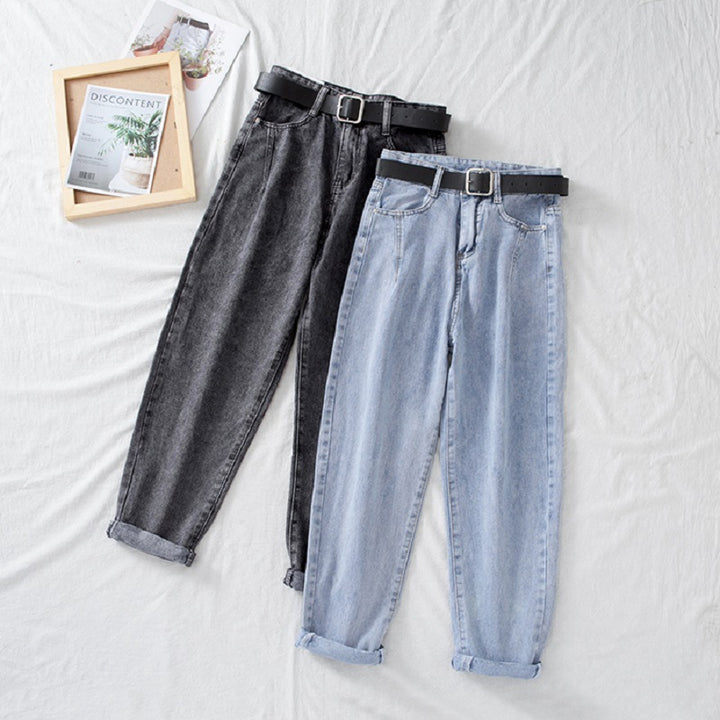 Women's high-waisted jeans in classic mom style with turned-up hems