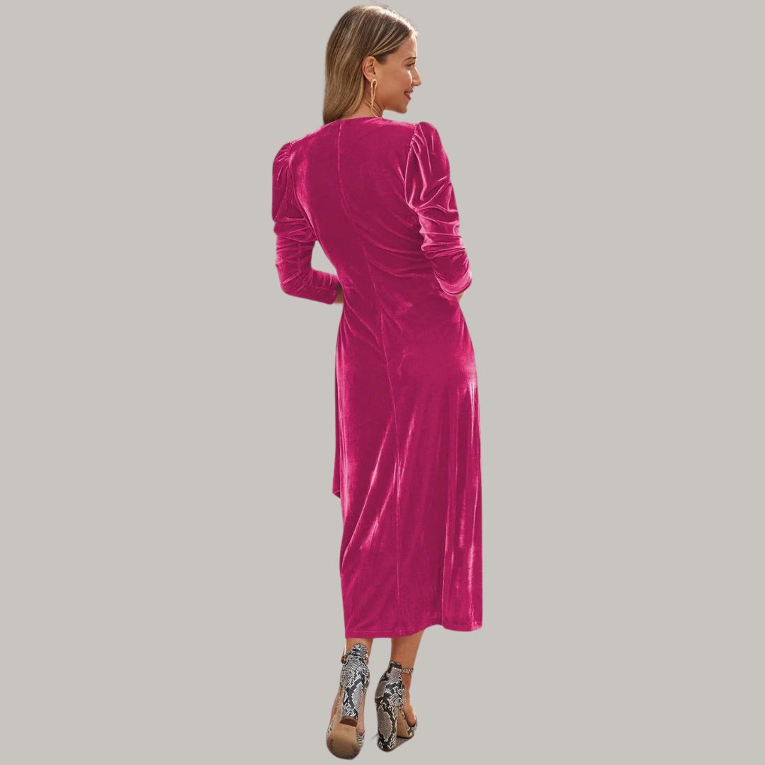 Lune London | Midi wrap dress in velvet with puff sleeves