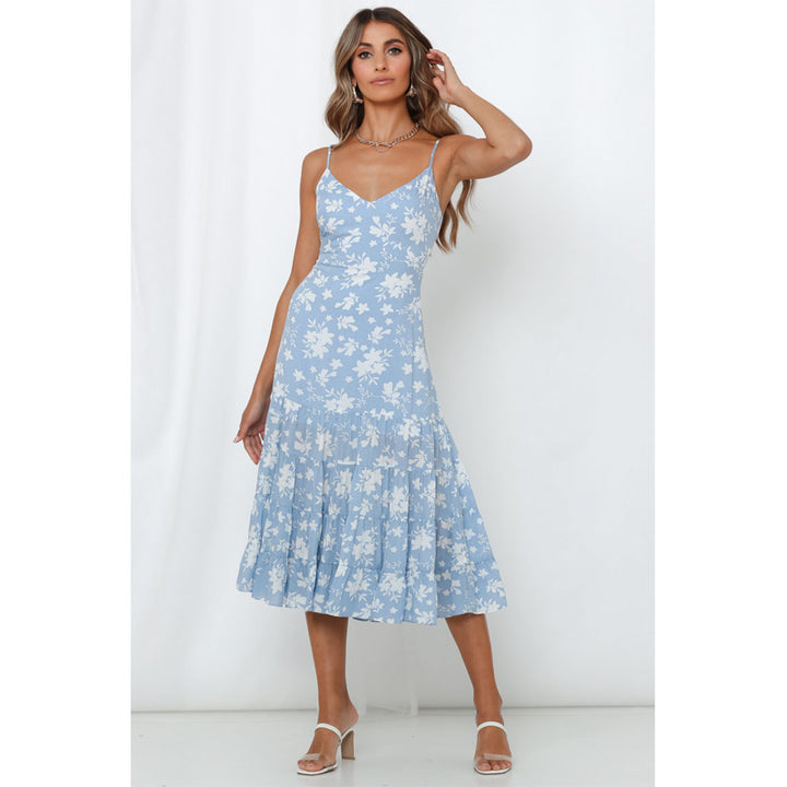 Women's midi dress with floral ruffles and swinging skirt Lune London