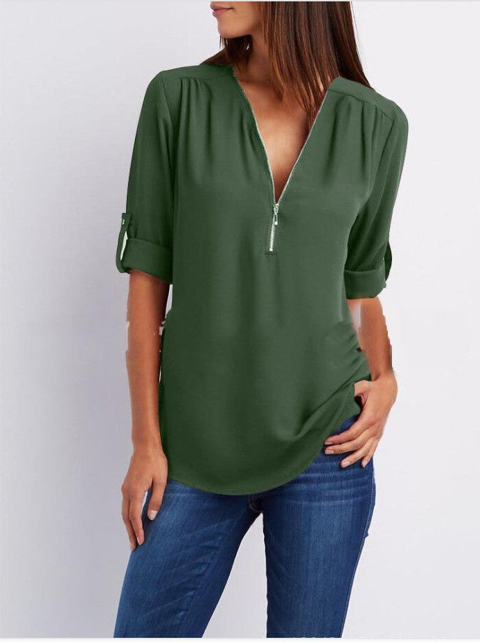Lune London | Short sleeve shirt with zipper and V-neck - Loose tops