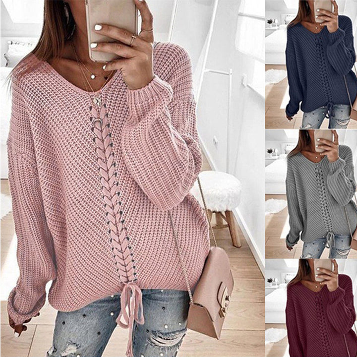 Chunky knit sweater for women with romantic lace-up details and a relaxed fit Lune London