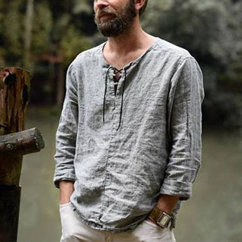 Casual linen shirt for men with decorative lace-up closure Lune London