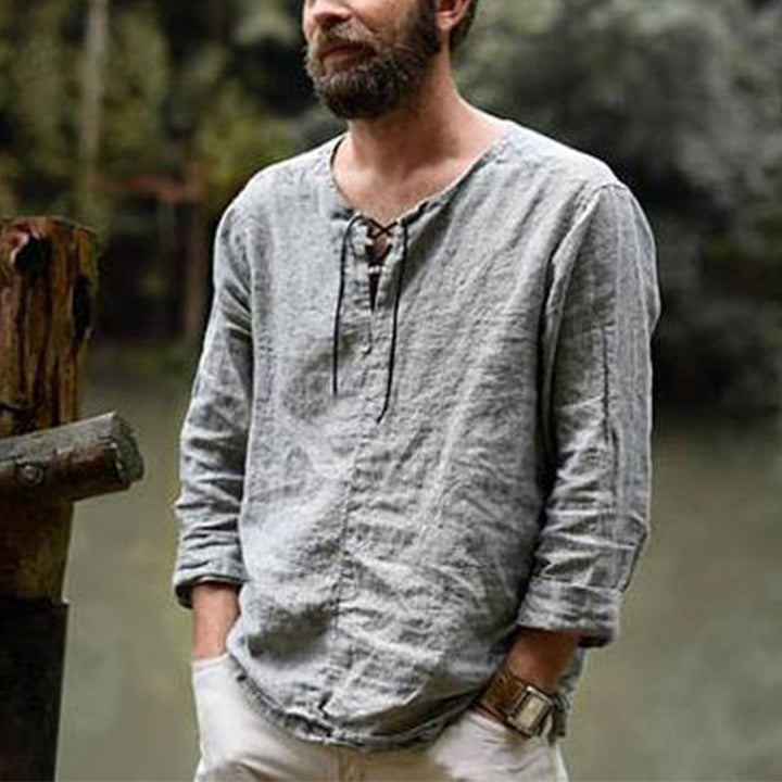 Men's Casual Linen Shirt with Decorative Lace-Up Closure Lune London