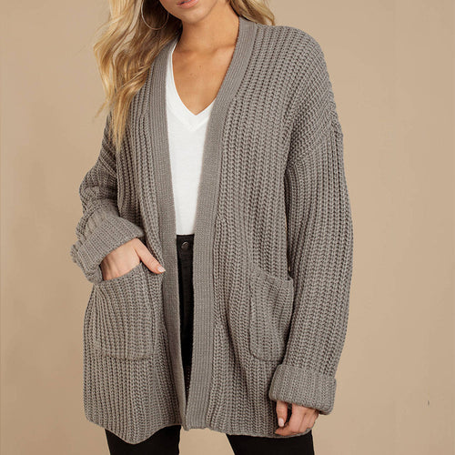 Womens chunky knit jacket with deep V-neck and relaxed fit Lune London