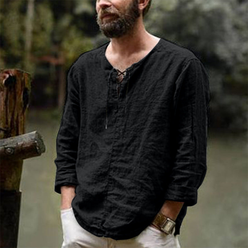 Men's Casual Linen Shirt with Decorative Lace-Up Closure Lune London
