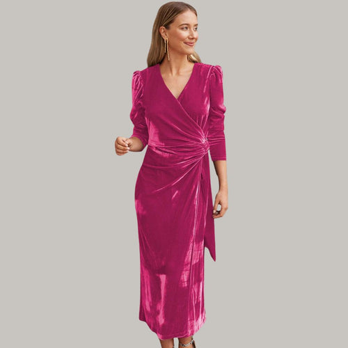 Lune London | Midi wrap dress in velvet with puff sleeves