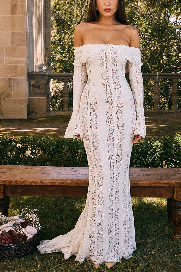Lune London | Floral Lace Off Shoulder Flare Sleeve Fishtail Maxi Dresses - White