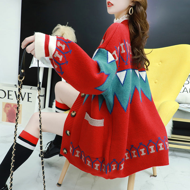 Knitted jacket for women with a colorful design and large buttons Lune London