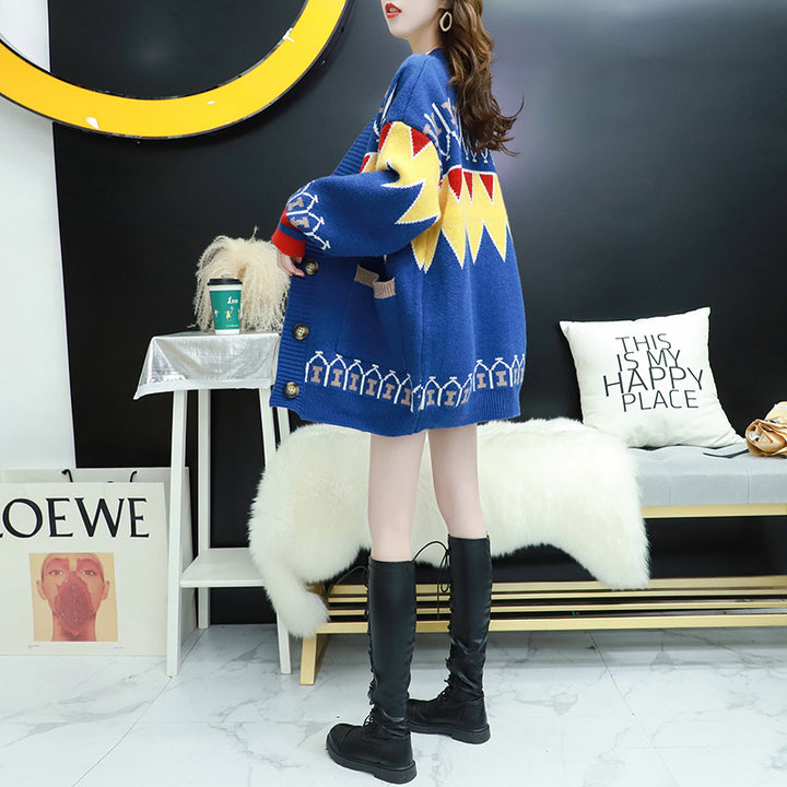 Knitted jacket for women with a colorful design and large buttons Lune London