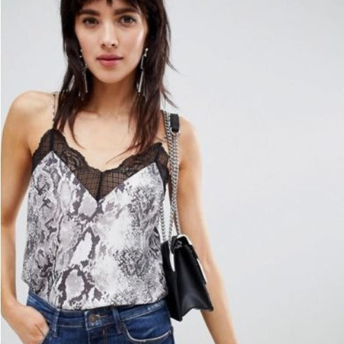 Ladies in snake print lace spaghetti strap tank top Lune London