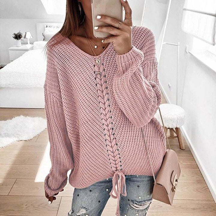 Chunky knit sweater for women with romantic lace-up details and a relaxed fit Lune London