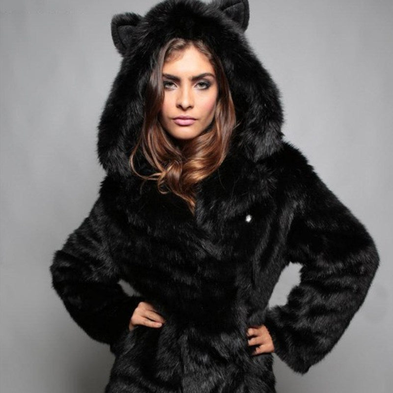 Ladies Cozy Faux Fur Jacket with Animal Ears Lune London