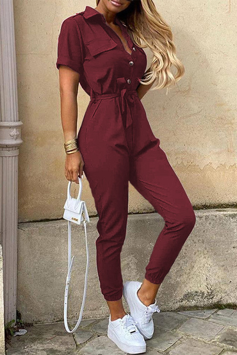 Lune London | Casual Daily Solid Frenulum with Belt Lapel Regular Jumpsuits