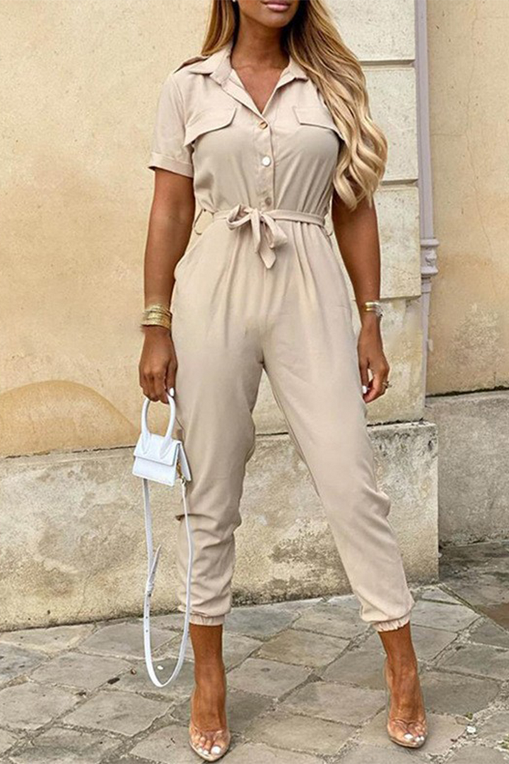 Lune London | Casual Daily Solid Frenulum with Belt Lapel Regular Jumpsuits