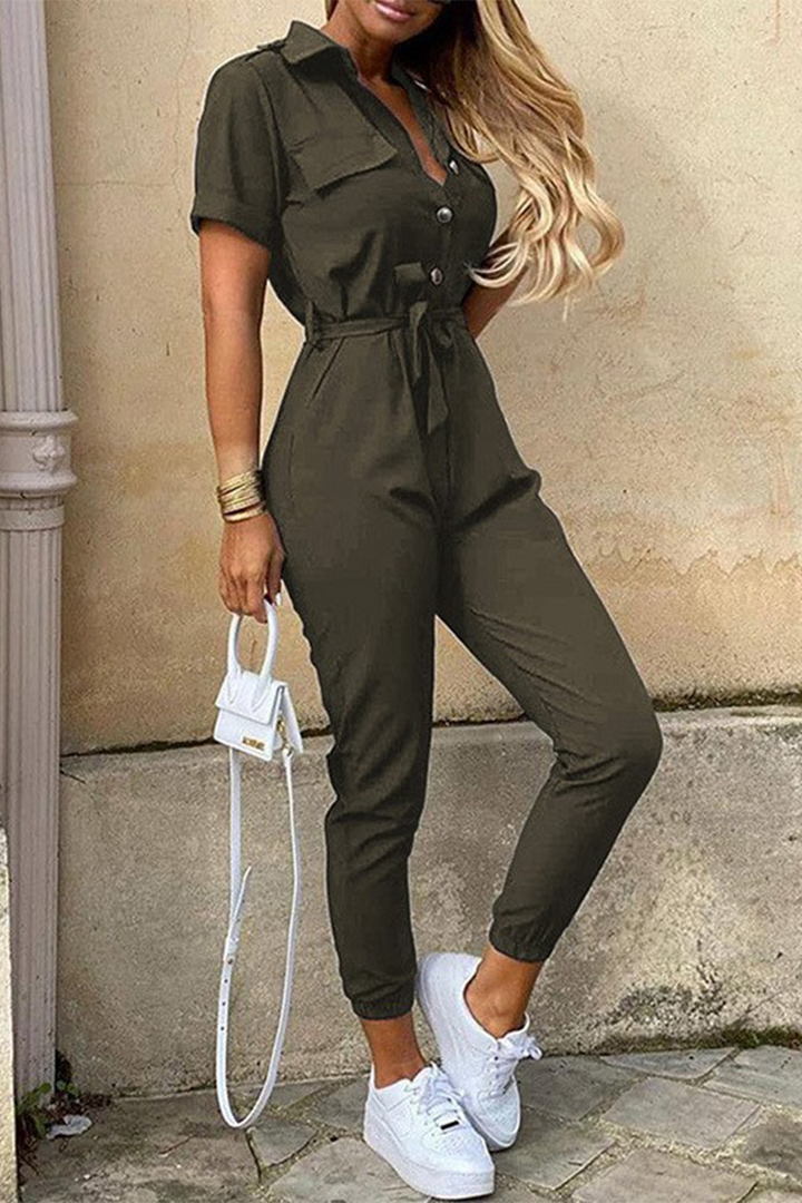 Lune London | Casual Daily Solid Frenulum with Belt Lapel Regular Jumpsuits