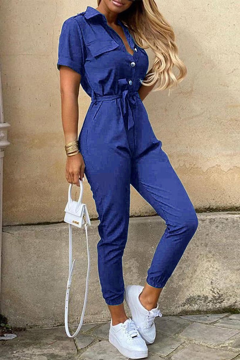 Lune London | Casual Daily Solid Frenulum with Belt Lapel Regular Jumpsuits