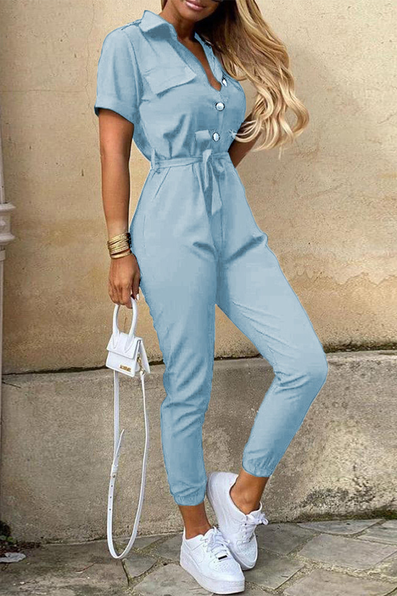Lune London | Casual Daily Solid Frenulum with Belt Lapel Regular Jumpsuits