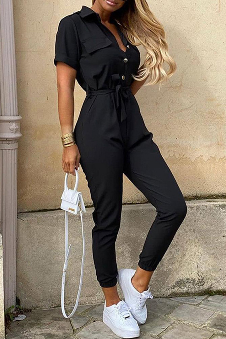 Lune London | Casual Daily Solid Frenulum with Belt Lapel Regular Jumpsuits