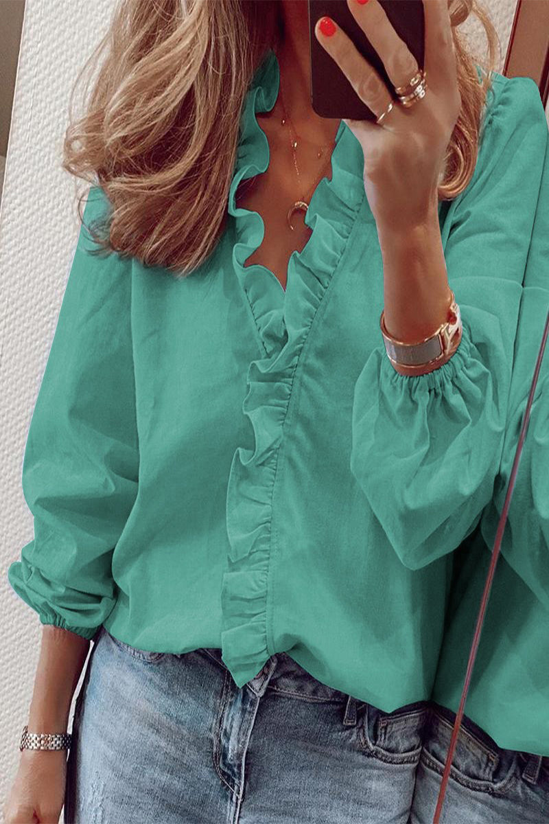 Lune London | Long sleeve V neck blouse with ruffles
