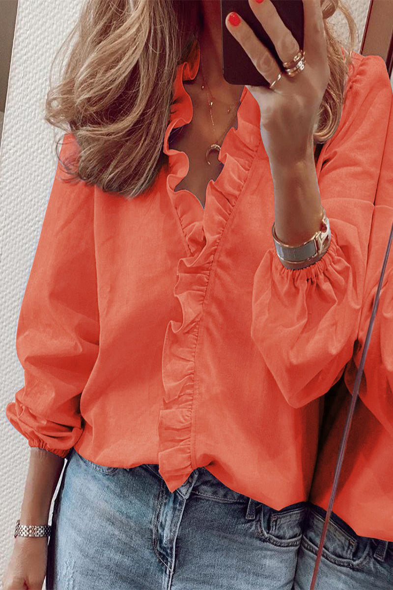Lune London | Long sleeve V neck blouse with ruffles
