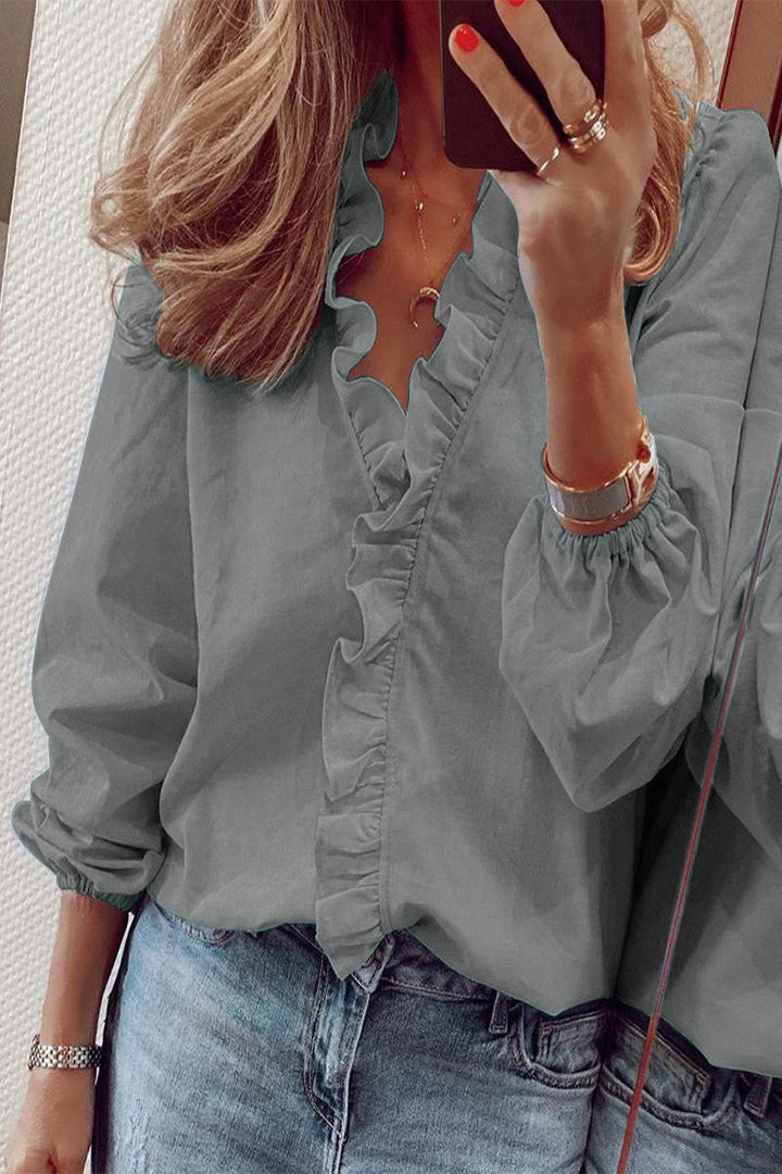 Lune London | Long sleeve V neck blouse with ruffles