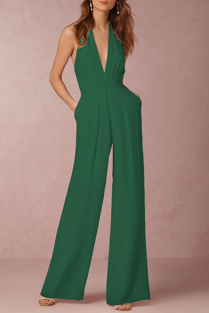 Lune London | Sexy Elegant Solid Color Backless Fold V-Neck Regular Jumpsuit - 12 Colors