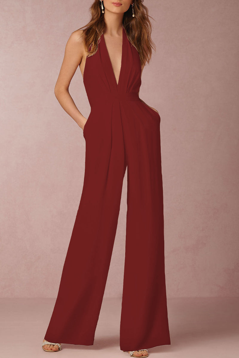 Lune London | Sexy Elegant Solid Color Backless Fold V-Neck Regular Jumpsuit - 12 Colors