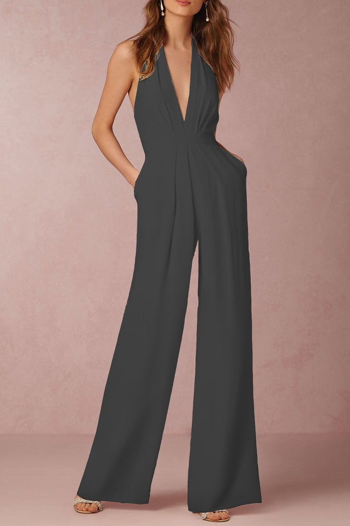 Lune London | Sexy Elegant Solid Color Backless Fold V-Neck Regular Jumpsuit - 12 Colors