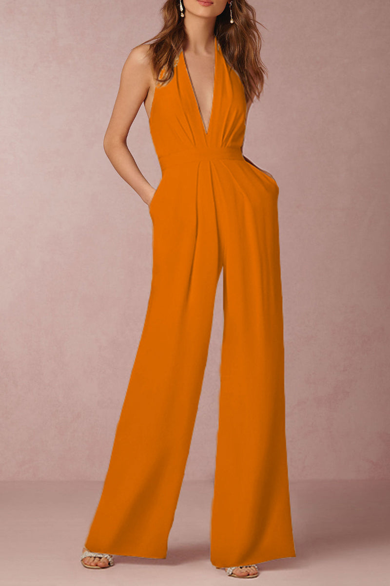 Lune London | Sexy Elegant Solid Color Backless Fold V-Neck Regular Jumpsuit - 12 Colors