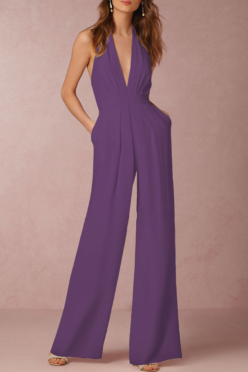 Lune London | Sexy Elegant Solid Color Backless Fold V-Neck Regular Jumpsuit - 12 Colors