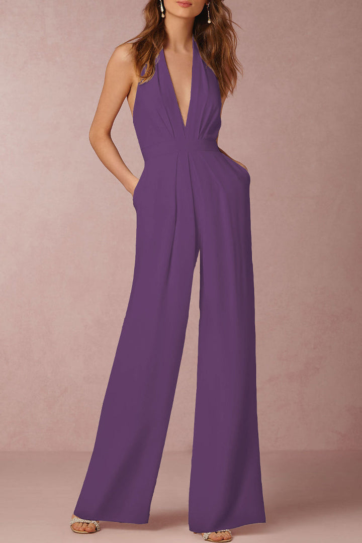 Lune London | Sexy Elegant Solid Color Backless Fold V-Neck Regular Jumpsuit - 12 Colors