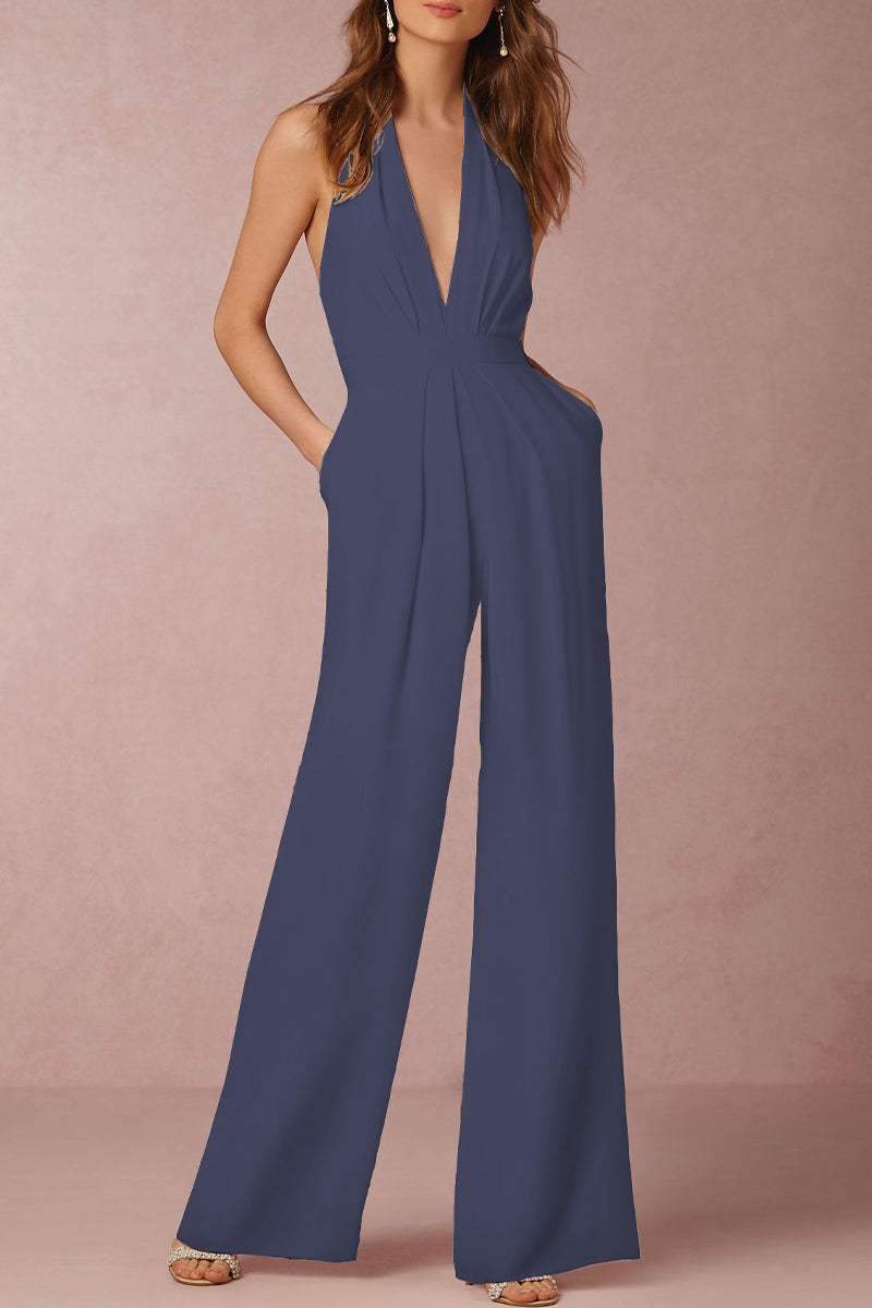 Lune London | Sexy Elegant Solid Color Backless Fold V-Neck Regular Jumpsuit - 12 Colors