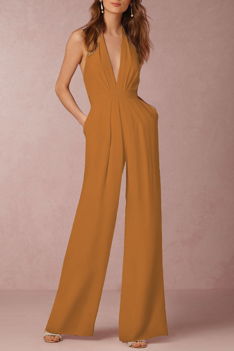 Lune London | Sexy Elegant Solid Color Backless Fold V-Neck Regular Jumpsuit - 12 Colors