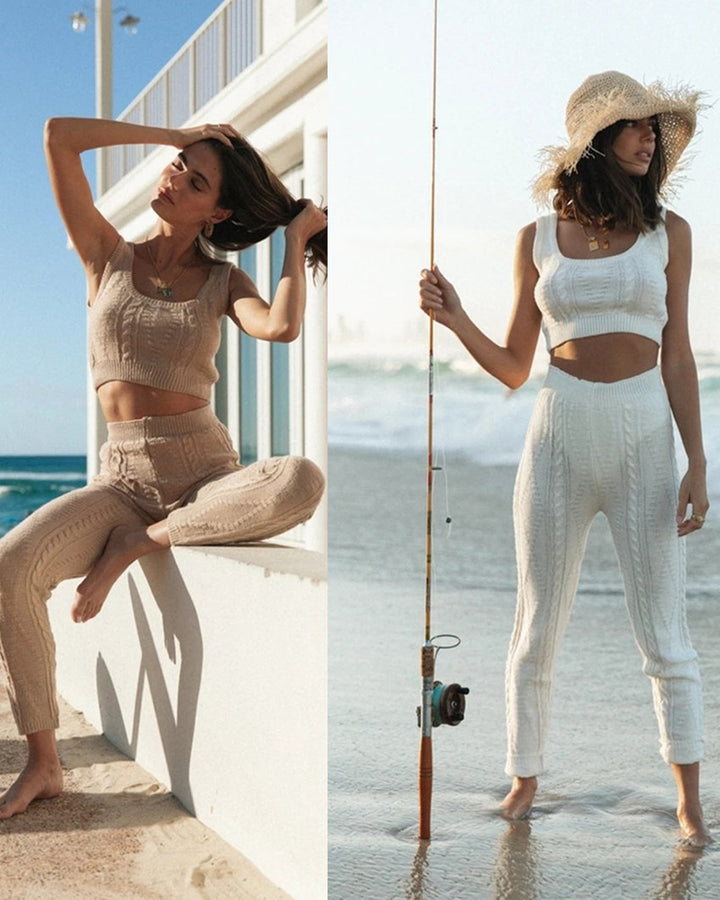 Ensemble femme de top court et leggings avec motif tricot élégant Chic & Stil