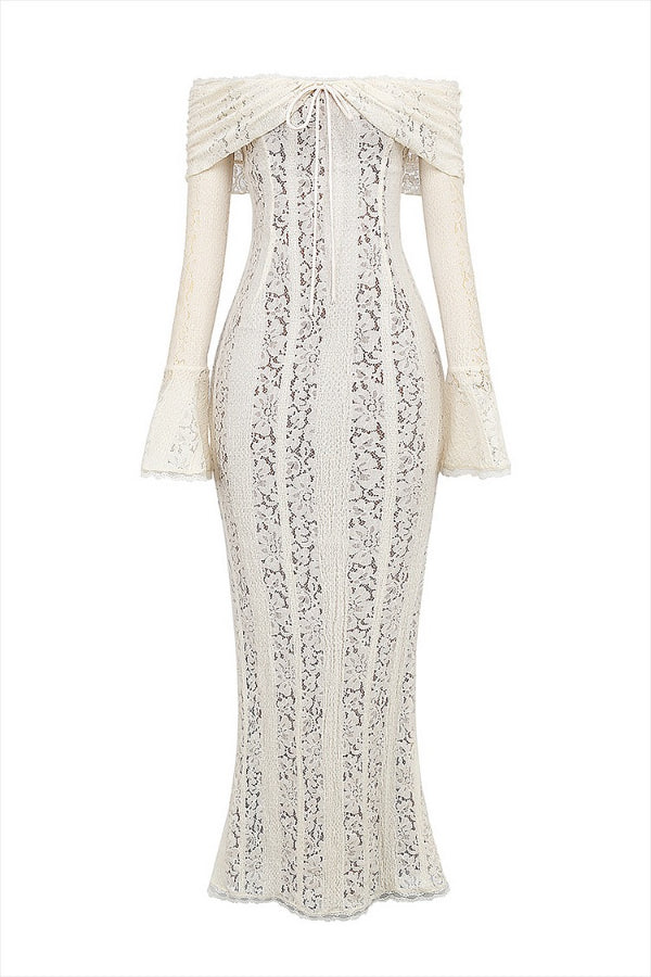 Lune London | Floral Lace Off Shoulder Flare Sleeve Fishtail Maxi Dresses - White