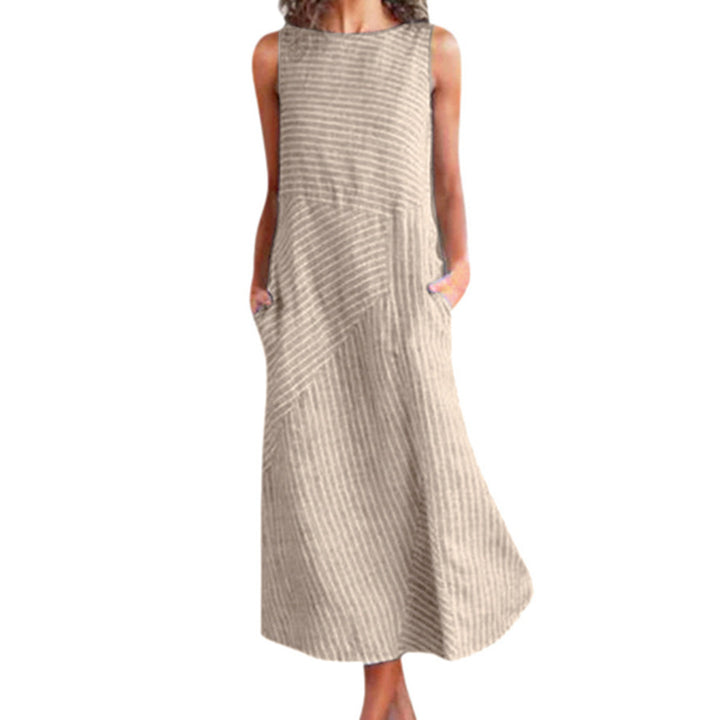 Women’s maxi dress with waist emphasis and diagonal stripe pattern Lune London