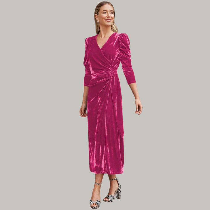 Lune London | Midi wrap dress in velvet with puff sleeves
