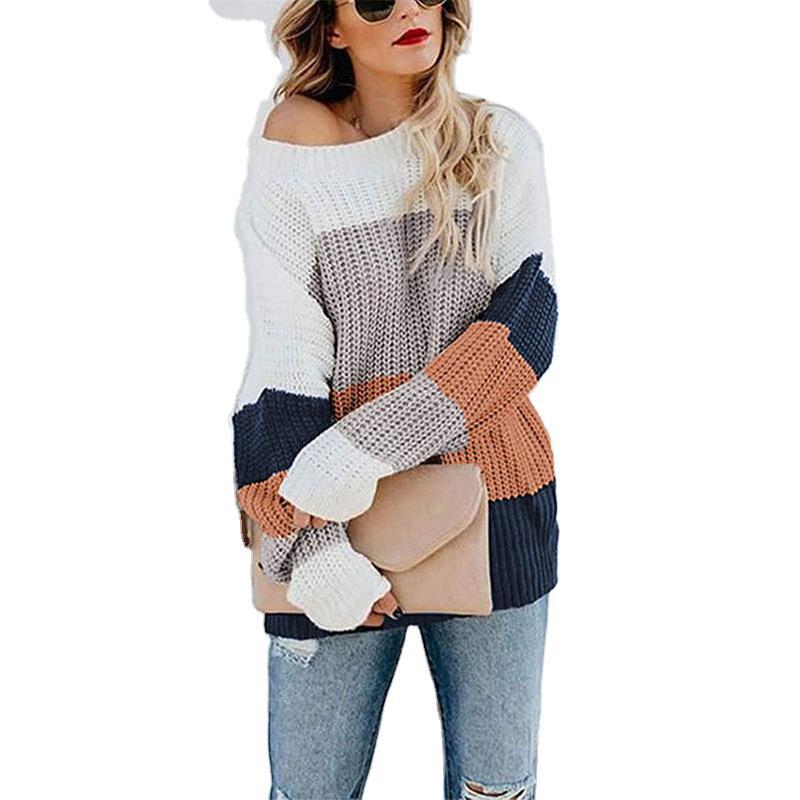 Knitted leisure sweater for women with a modern block stripe pattern and a round neckline Lune London