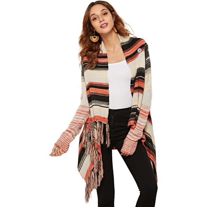 Cardigan féminin à la mode avec franges et motif rayé typique Chic & Stil