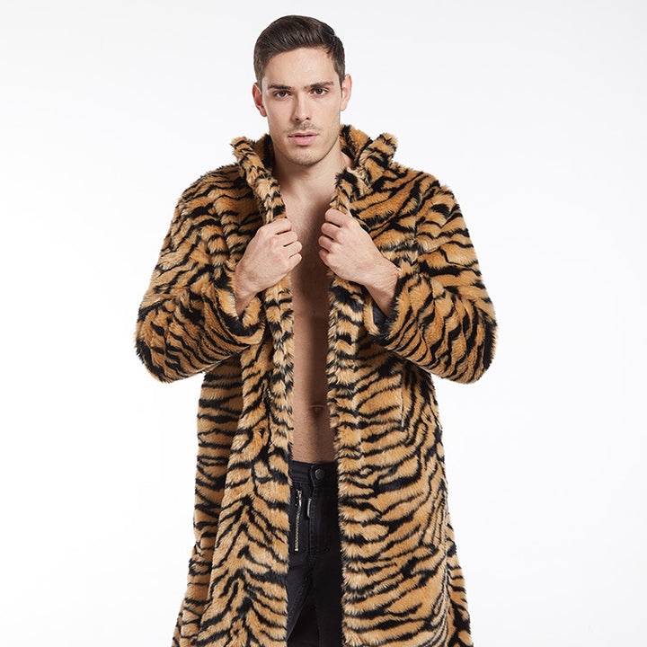 Men's tiger print faux fur coat with oversized collar Lune London