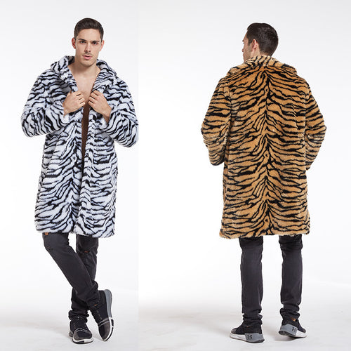 Men's tiger print faux fur coat with oversized collar Lune London