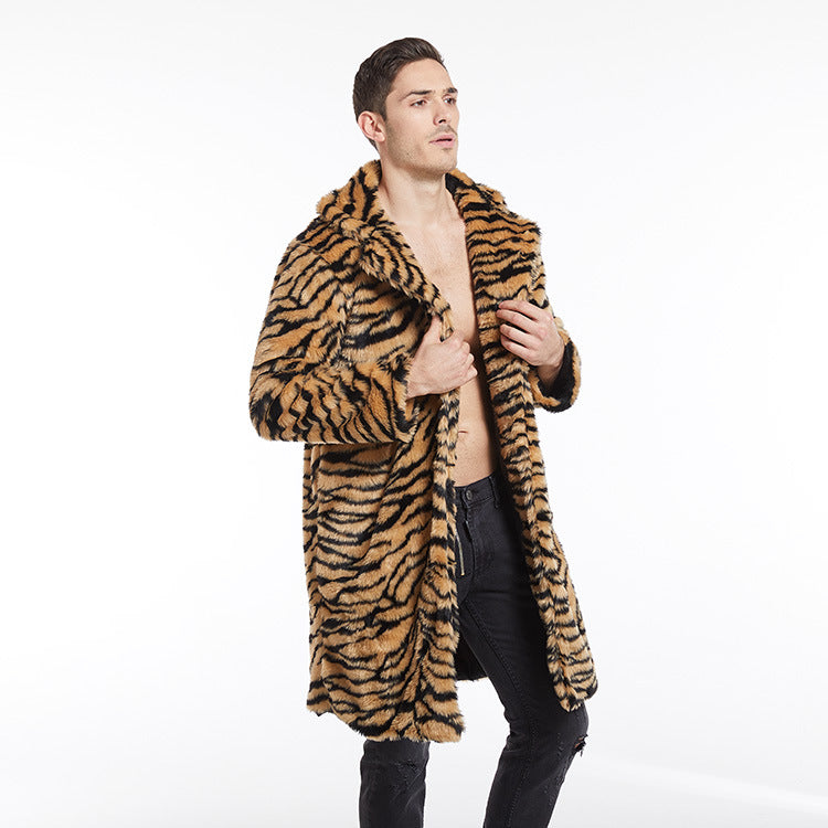 Men's tiger print faux fur coat with oversized collar Lune London